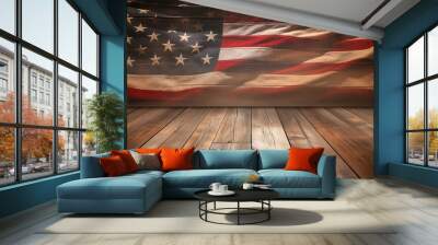 USA flag background - empty wooden table for display montages Wall mural