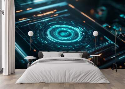 A 3D image shows a futuristic antivirus program running on a sleek, modern device against a dark background. Wall mural