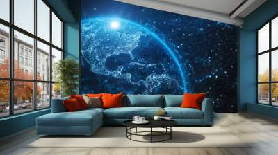 A blue, space-like background shows Earth, symbolizing a worldwide network and global connection. It's like a picture of social media, but in 3D. Wall mural