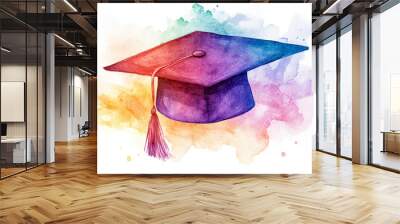 A colorful watercolor painting of a graduation cap, perfect for school-themed projects. The image is isolated on a white background. Wall mural