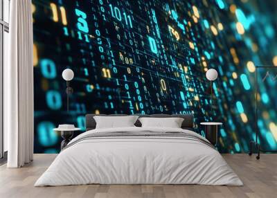 A digital background with lines of code and binary numbers, created using 3D graphics. Wall mural