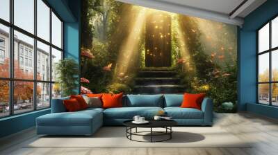 A fantasy scene set in an enchanted fairy tale forest, featuring a magical, secret wooden door slightly ajar, revealing a staircase that leads to a mystical, shining light beyond the gate. The woods Wall mural