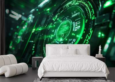 A futuristic green display shows information like speed and direction. The background is abstract, hinting at advanced technology. Wall mural