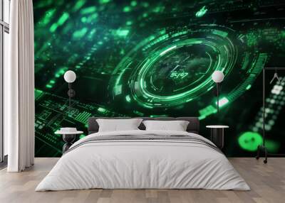 A futuristic green display shows information like speed and direction. The background is abstract, hinting at advanced technology. Wall mural