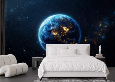 A glowing, detailed Earth model in a futuristic style, created with computer graphics. Wall mural