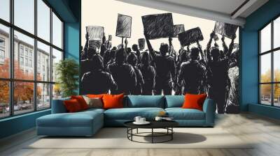 A group of people are protesting. This is a drawing. Wall mural