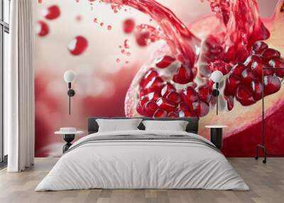 A juicy pomegranate bursts open, splashing vibrant red juice. The 3D image shows a slice with seeds and swirling liquid, creating a refreshing summer drink scene. Wall mural