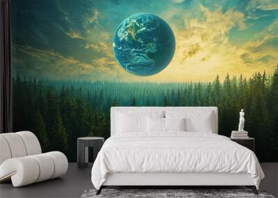 A planet resembling Earth rises majestically above a lush fir forest, casting a serene glow over the treetops. The vibrant green foliage contrasts beautifully with the planet's hues. Wall mural