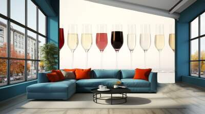 A set of red, white, rosé, and champagne glasses on a white background. This image is perfect for creating mockups for artwork or graphic designs. Wall mural