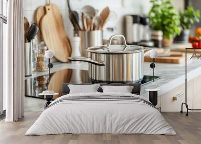 A shiny steel pot rests on a black stove in a stylish kitchen. White marble countertops and light wood cabinets surround it.  There's plenty of space on the table for kitchen tools and utensils. Wall mural