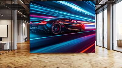 A super fast sports car zips down a brightly lit highway at night. The car's powerful engine makes it accelerate quickly, leaving glowing streaks of light behind it. Wall mural