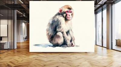 A watercolor painting of a Japanese monkey, isolated against a white background. Wall mural