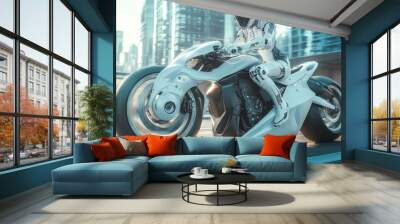 A woman cyborg biker riding a sleek, futuristic motorbike. The robot girl sits on a white sport motorcycle, speeding down the road in a sci-fi cyberpunk cityscape. The cool female biker and her advanc Wall mural