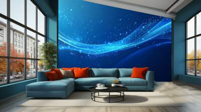 Abstract blue transparent energy lines and cosmic rays, shining with magical highlights and dots. Light beams radiate upwards from the waves on a blue background, creating a glowing, mystical effect.  Wall mural