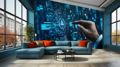 AI technology and Search Engine Optimization (SEO) concept, featuring a businessman showcasing a virtual graphic of global internet networks enhanced by AI.Highlighting AI data analysis and management Wall mural