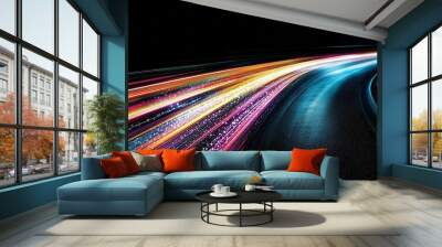 Bright streaks of light race across a black background, reflecting off a wet road. This image is a digital illustration showing the power of technology and science. Wall mural