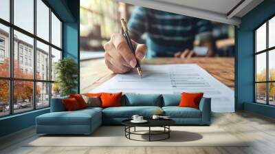 Business work and assessment concept focused on certification. Highlighting an online survey exam where participants choose the correct answers for international standard product certification. Wall mural