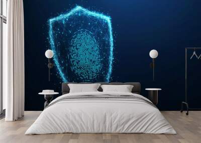 Cyber security concept featuring a shield and fingerprint. Depicts a polygonal digital guard design. Isolated technology vector illustration. Wall mural