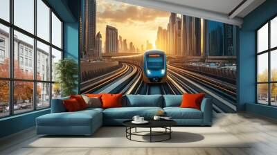 Dubai is a famous tourist spot known for its tall buildings.You can see modern metro trains with sunlight shining on them. It's also a wealthy business and financial center in the United Arab Emirates Wall mural