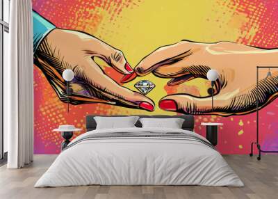 Engagement ring being offered by a bride, symbolizing love and commitment. Retro style pop art illustration featuring hands and hearts. Wall mural