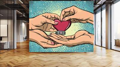 Engagement ring being offered by a bride, symbolizing love and commitment. Retro style pop art illustration featuring hands and hearts. Wall mural