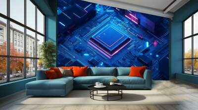 Futuristic microchip processor with illumination on a blue background. Quantum computing, large-scale data processing, and database concept. Isometric CPU banner. Central computer processors . Wall mural