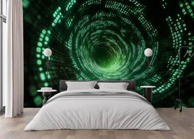 Green abstract matrix vortex background with a dynamic spiral of binary code. Illustrates programming, coding, and hacker themes, with binary numbers swirling in a sci-fi vector design. Wall mural