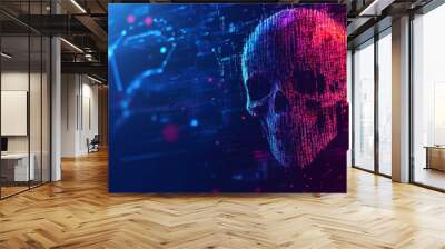 HACKED. Concept of an online data breach and hacker news. Highlights network DDOS cybercrime with an abstract digital background, including a skull symbol over binary code. Vector illustration Wall mural