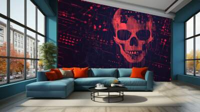 HACKED. Concept of an online data breach and hacker news. Highlights network DDOS cybercrime with an abstract digital background, including a skull symbol over binary code. Vector illustration Wall mural