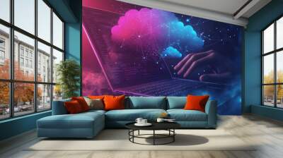 Hand presenting a laptop with a cloud network, illustrating the connection to internet servers for cloud data transfer. Cloud computing technology and online data storage for business networking. Wall mural