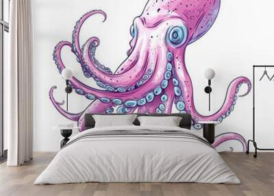 Isolated sketch of a squid seafood, featuring a European squid with pink tentacles and mantle. Suitable for seafood, fish market labels, food packaging, or underwater sea animal theme designs. Wall mural