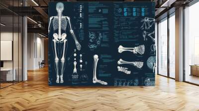 Medical infographic featuring orthopedic anatomy charts. Includes a human silhouette in motion with highlighted spine, pelvis, knee, foot, shoulder, elbow, and hand bones and joints. Designed f Wall mural