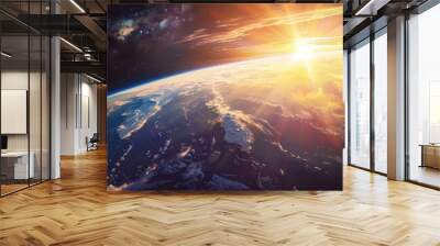 Our planet Earth, which is surrounded by the vastness of space filled with stars and nebulae. Witness the breathtaking sunrise and gaze upon our home from the depths of the cosmos. Wall mural