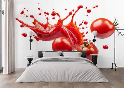 Red tomato ketchup splash flying through the air, isolated on a white background. Floating splash of ketchup sauce. Wall mural