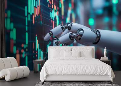 Robot or bot trader: AI automates stock market trading. The robot's hands point at a candlestick graph on a trading exchange. Features an artificial intelligence trader and an AI chatbot for online. Wall mural