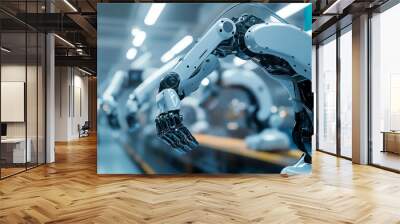 Robotic arms constructing a cyborg or humanoid robot in a factory. Engineering lab production of the body, head, and hands of artificial intelligence. Automated manufacturing line operations. Wall mural