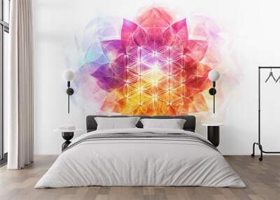 Sacred geometry featuring a lotus flower and mandala ornament/pattern. Esoteric symbol of the Flower of Life, isolated on a white background in a vector illustration. Wall mural