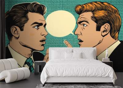 Two men engaging in dialogue, illustrated in a pop art retro vector style with comic cartoon vintage kitsch drawing. Wall mural