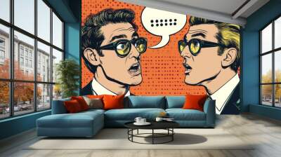 Two men engaging in dialogue, illustrated in a pop art retro vector style with comic cartoon vintage kitsch drawing. Wall mural