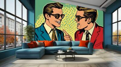 Two men engaging in dialogue, illustrated in a pop art retro vector style with comic cartoon vintage kitsch drawing. Wall mural