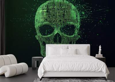 Vector illustration of a skull made from green binary code. Represents internet piracy, hacking, and security concerns. Features malware, virus, ransomware, and system glitches, abstractly visualizing Wall mural