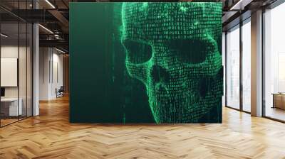 Vector illustration of a skull made from green binary code. Represents internet piracy, hacking, and security concerns. Features malware, virus, ransomware, and system glitches, abstractly visualizing Wall mural