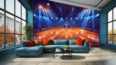 Wooden basketball court lit up by spotlights in a modern indoor stadium. This is a cartoon illustration of a sports arena or hall where team games like championships or tournaments are held. Wall mural