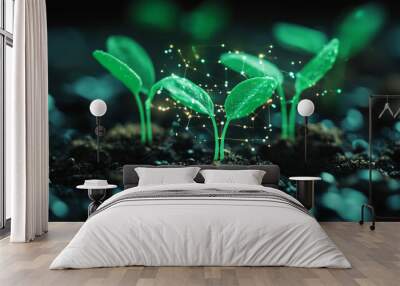 Young plant sprouts or seedlings emerging from a mobile device with a circuit effect in low polygon style. Represents agriculture technology, science, and ecology systems in a hi-tech, futuristic, dig Wall mural