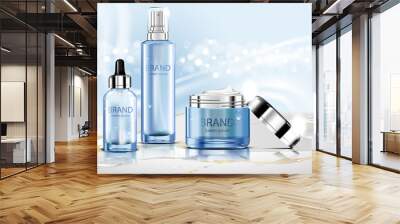 Luxury cosmetic Bottle package skin care cream, Beauty cosmetic product poster, with bokeh and Mable floor on blue background Wall mural