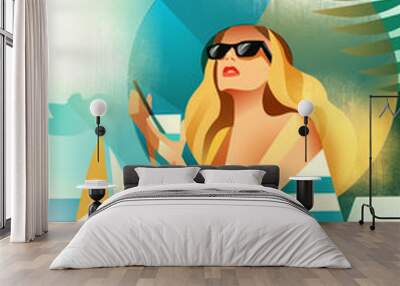 Retro poster with a girl sitting on the beach. Vector Wall mural