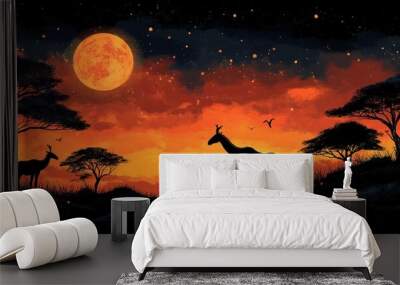   African tribal pattern. Sunset in the African savanna with silhouetted giraffes and a glowing full moon against a vibrant orange and red sky Wall mural