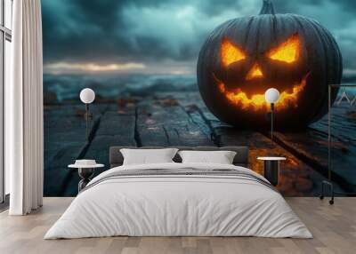 Glowing Jack-o'-Lantern on Wet Wooden Pier with Stormy Sky Background Wall mural