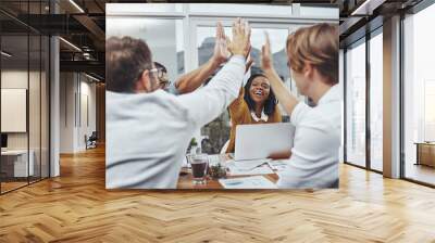 People, diversity and high five for team building, success and business meeting in office. Group, employees and happiness for support, project and celebration for collaboration, creativity or career Wall mural