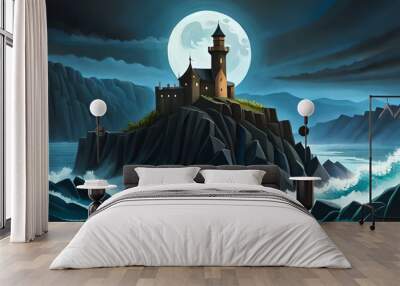 A haunted Halloween castle looming over a stormy seascape, with crashing waves against jagged cliffs, lightning illuminating the sky Wall mural